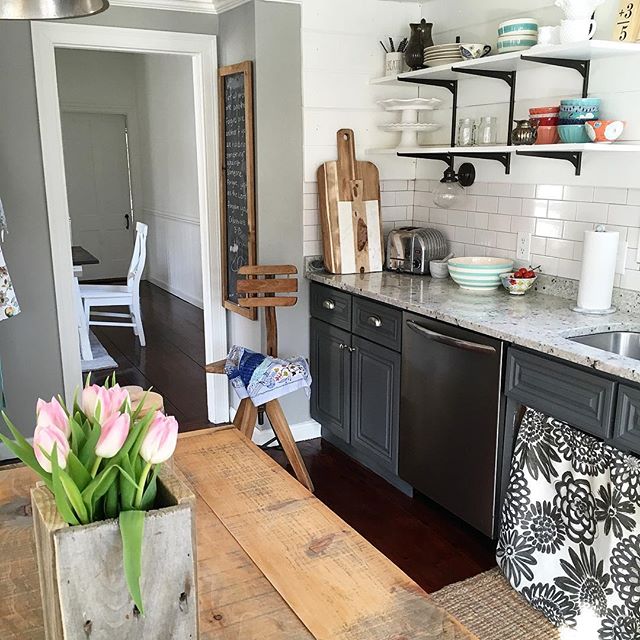 Eclectic Home Tour of Liv and Grace Restored - love the gray lower cabinets paired with simple open shelves kellyelko.com