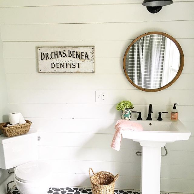 Eclectic Home Tour of Liv and Grace Restored - love this farmhouse bathroom with shiplap walls kellyelko.com