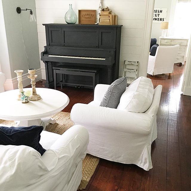 Eclectic Home Tour of Liv and Grace Restored - love the chalk paint upright piano in this cozy living room kellyelko.com