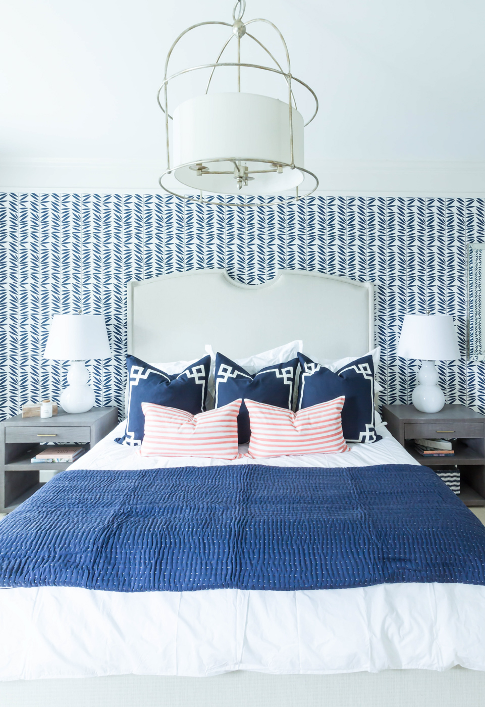 Eclectic Home Tour - love the graphic blue wallpaper #bedroom #bluebedroom #bedroomdecor #wallpaper