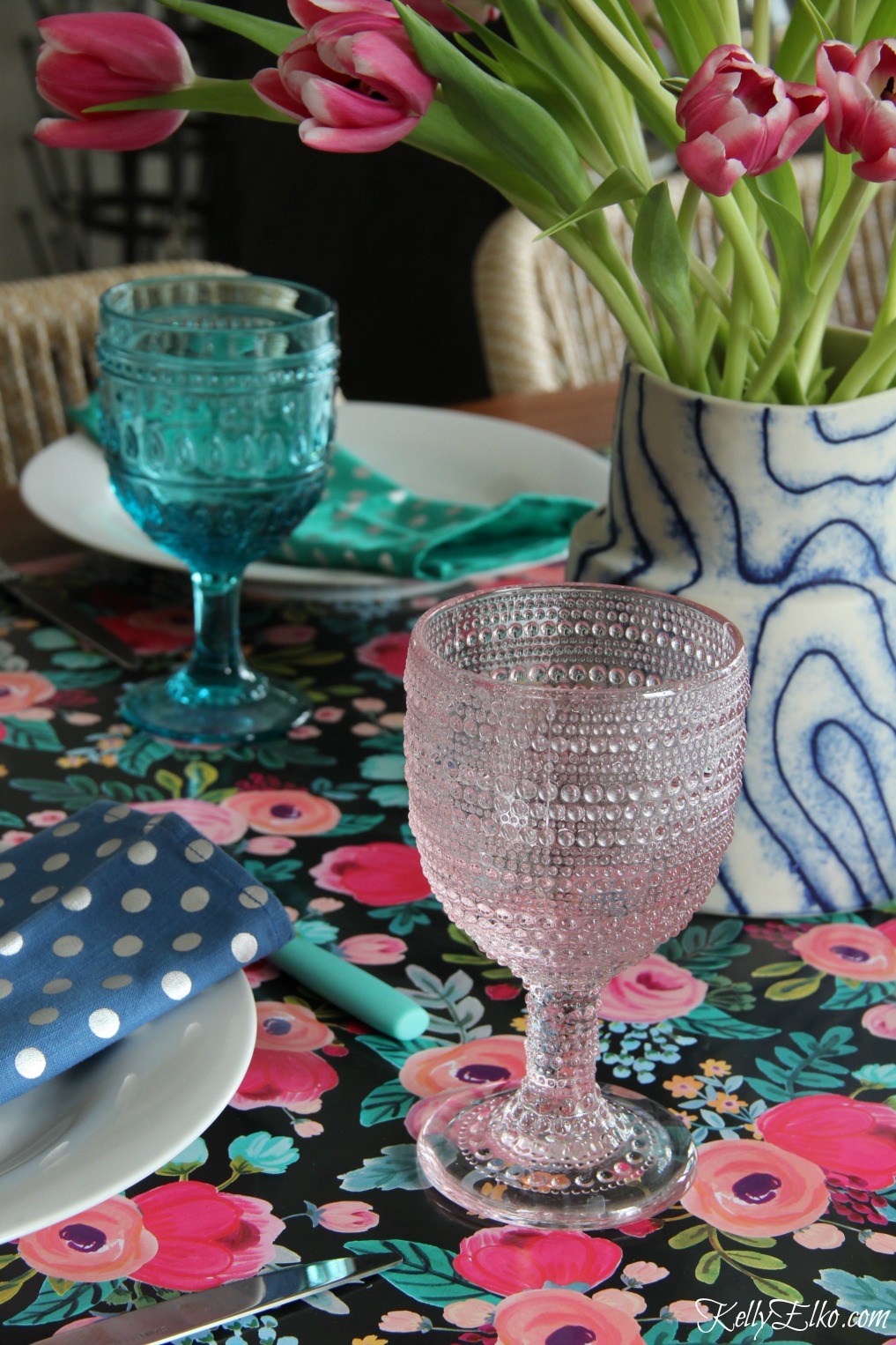 Spring table in blues and pinks - love the floral table runner kellyelko.com