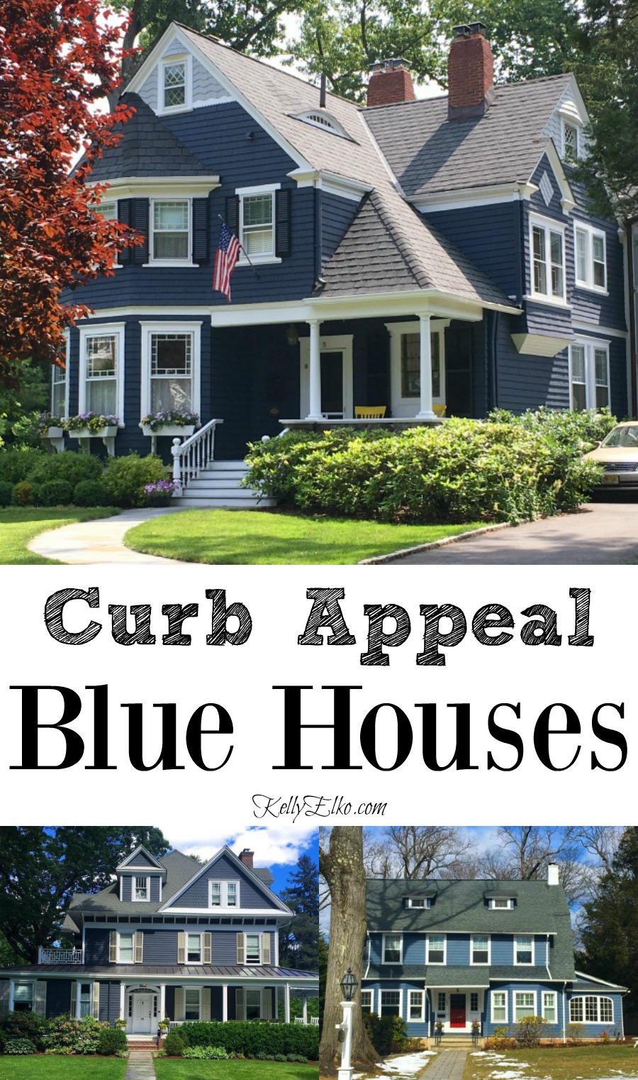 Blue House Exteriors - go bold with exterior paint kellyelko.com #bluehouses #bluepaint #curbappeal #bluehouse #paintcolors #exteriorpaint #blueexteriors