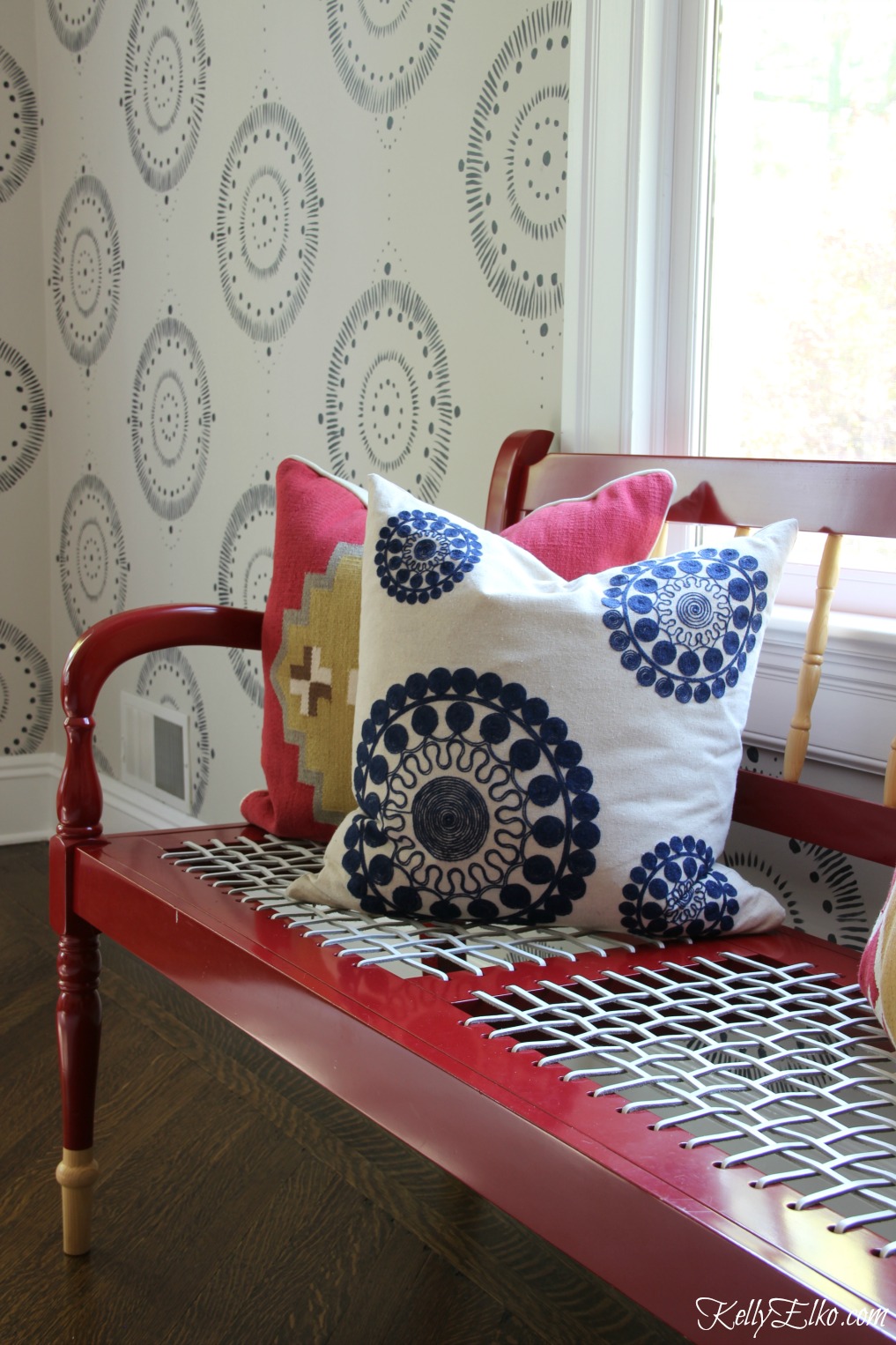 Forget wallpaper! This hand painted mural is like faux wallpaper minus the expense an I love the red lacquer bench with woven seat kellyelko.com #bench #wallpaper #mural #diningroom #wallart #handpainted 