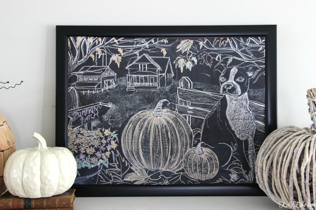 Free Fall Printable Chalkboard Farmhouse Art - love this original art turned into a free printable with pumpkin patch, farmhouse, barn falling leaves and a cute dog! kellyelko.com #printable #freeprintables #fallprintable #chalkboardart #chalkboard #falldecor #farmhouse #farmhousedecor