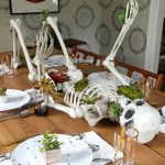 Halloween Succulent Skeleton Centerpiece kellyelko.com #halloween #halloweendecor #halloweentable #halloweentablescape #skeleton #succulents