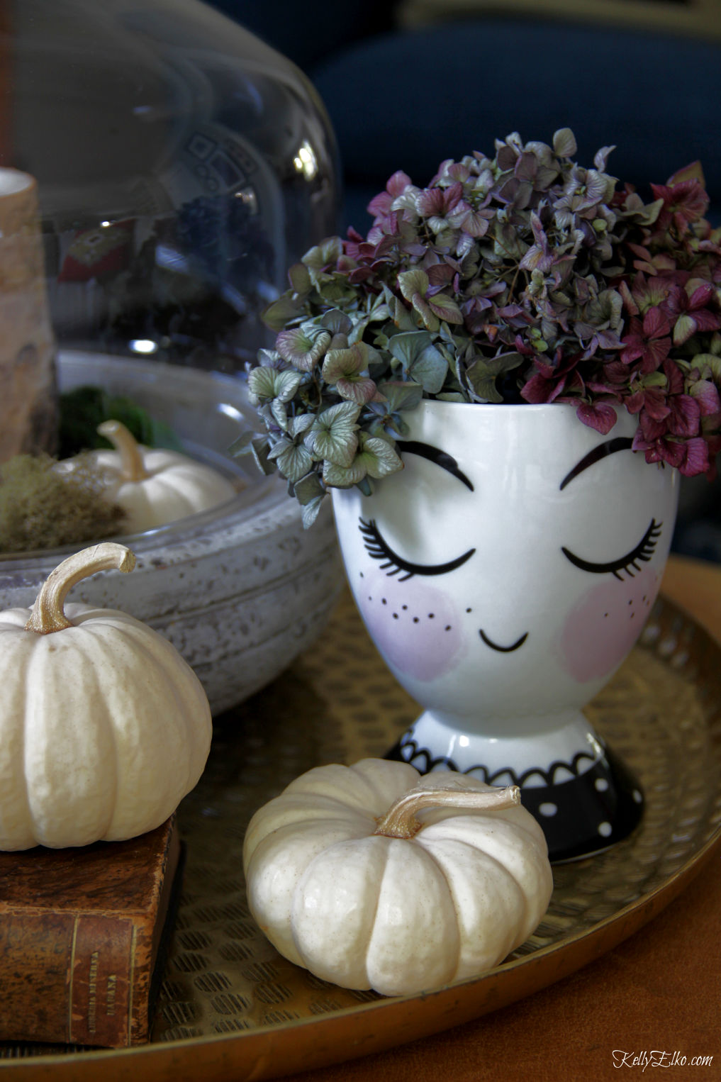 Simple Fall Touches - love this huge brass tray with a head vase with hydrangeas kellyelko.com #fall #falldecor #falldecorating #interiordecor #pumpkins #hydrangeas #eclecticstyle #autumndecor