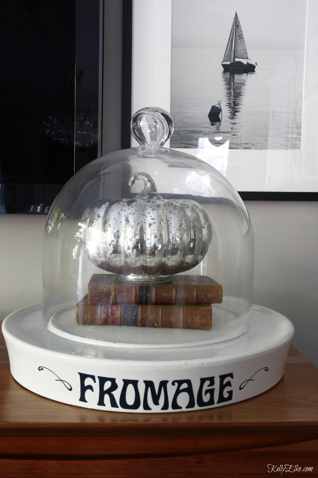 Simple Fall Touches - love this cloche with a mercury glass pumpkin kellyelko.com #fall #falldecor #falldecorating #interiordecor #pumpkins #eclecticstyle #autumndecor