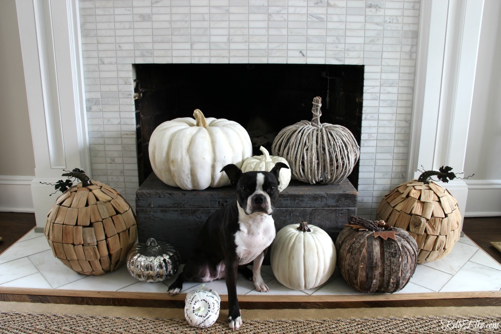 Love the neutral pumpkins with different textures on the hearth of this fall mantel kellyelko.com #fall #falldecor #pumpkins #pumpkindecor #neutraldecor 