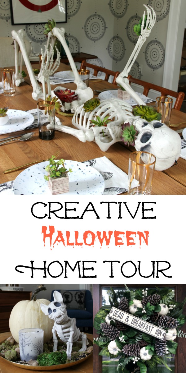 Creative Halloween Home Tour - simple Halloween decorating ideas kellyelko.com #halloween #halloweendecor #halloweendecorations #falldecor #falldecorations #skeleton 