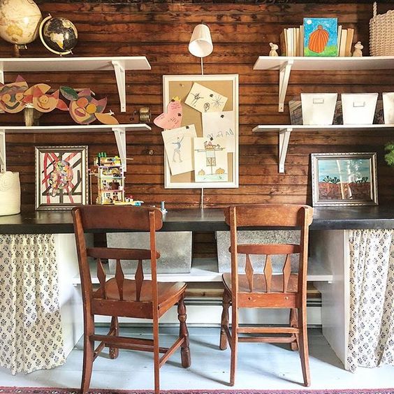 Eclectic Home Tour of The Cobbler Shop on Concord - rustic wood walls in this home office / art studio kellyelko.com #farmhouse #farmhousedecor #interiordecor #interiordecorate #homeoffice #artstudio #cottagestyle #hometour #housetour 