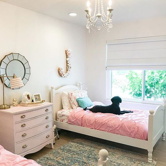 Eclectic Home Tour 1111 Light Lane - love this adorable little girls pink bedroom with crystal chandelier kellyelko.com #girlsbedroom #bedroom #kidsbedroom #pinkbedroom 