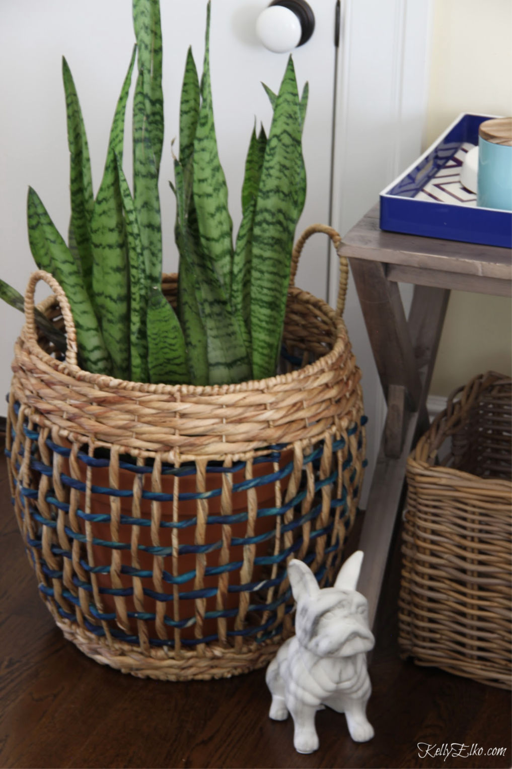 Snake plants are low maintenance and look great in a colorful basket kellyelko.com #plants #houseplants #bohodecor #bedroomdecor #baskets