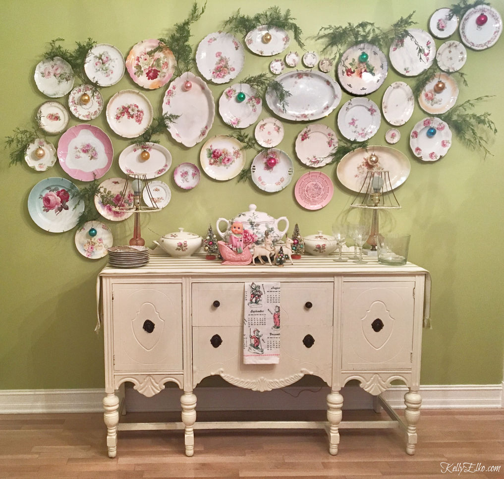 Shiny Brite Decorating Ideas - the most creative ideas for displaying Christmas ornaments like hanging from this plate wall kellyelko.com 