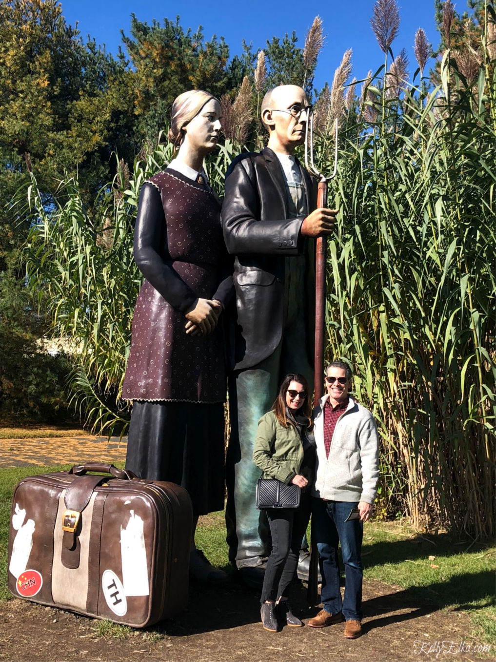 Grounds for Sculpture - how fun is this giant American Gothic sculpture. This park is a must see! kellyelko.com #sculpture #travel #njtravel #nj #art #kitsch #roadtrip #artlovers 