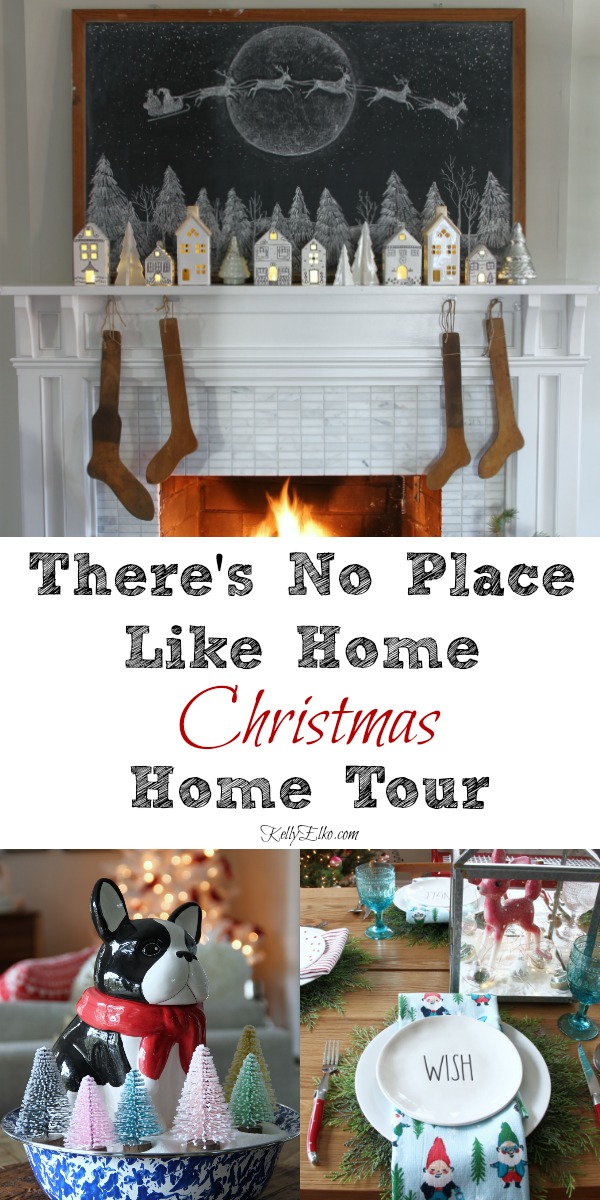 There's No Place Like Home in this Cheery Christmas Home Tour - this whimsical home is filled with creative Christmas decorating ideas kellyelko.com #christmas #christmasdecor #christmashome #christmashometour #farmhousechristmas #retrochristmas #vintagechristmas #christmasmantel #christmasstockings 