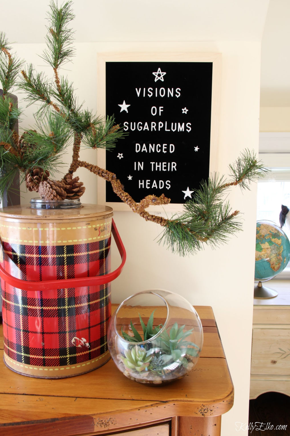 Cozy Christmas Guest Bedroom - love the flannel sheets, fringe throw and other whimsical decorating ideas kellyelko.com #christmas #christmasbedroom #christmasdecor #christmasdecorating #christmasbedding #christmaswreath #vintagechristmas #letterboard