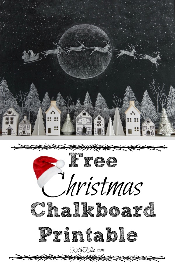 I love this free Christmas chalkboard printable of Santa and reindeer flying over a village of houses kellyelko.com #chalkboard #chalkboardart #chalkart #freeprintables #printables #freeart #art #santa #christmas #christmasart #christmasprintable #christmasdecor #christmasdecorating 