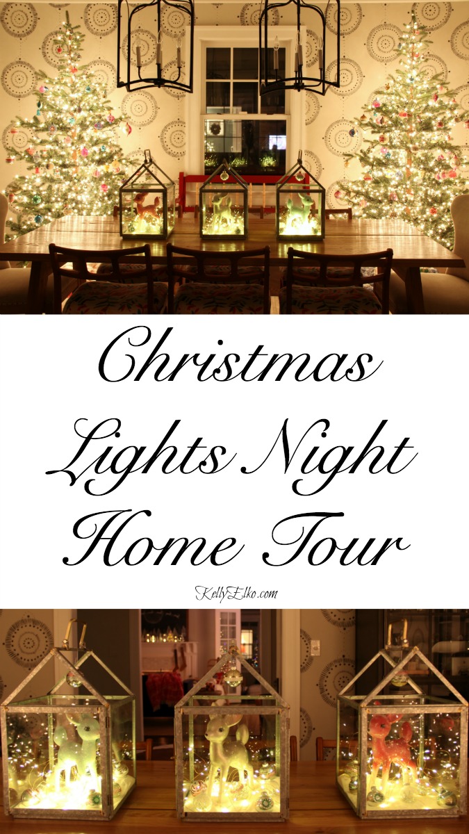 Christmas Lights Night Tour - stunning home by glowing lights kellyelko.com #christmas #christmslights #christmasdecor #christmasdecorating #christmasdiningroom #vintagechristmas #retrochristmas #christmastrees #christmascenterpiece