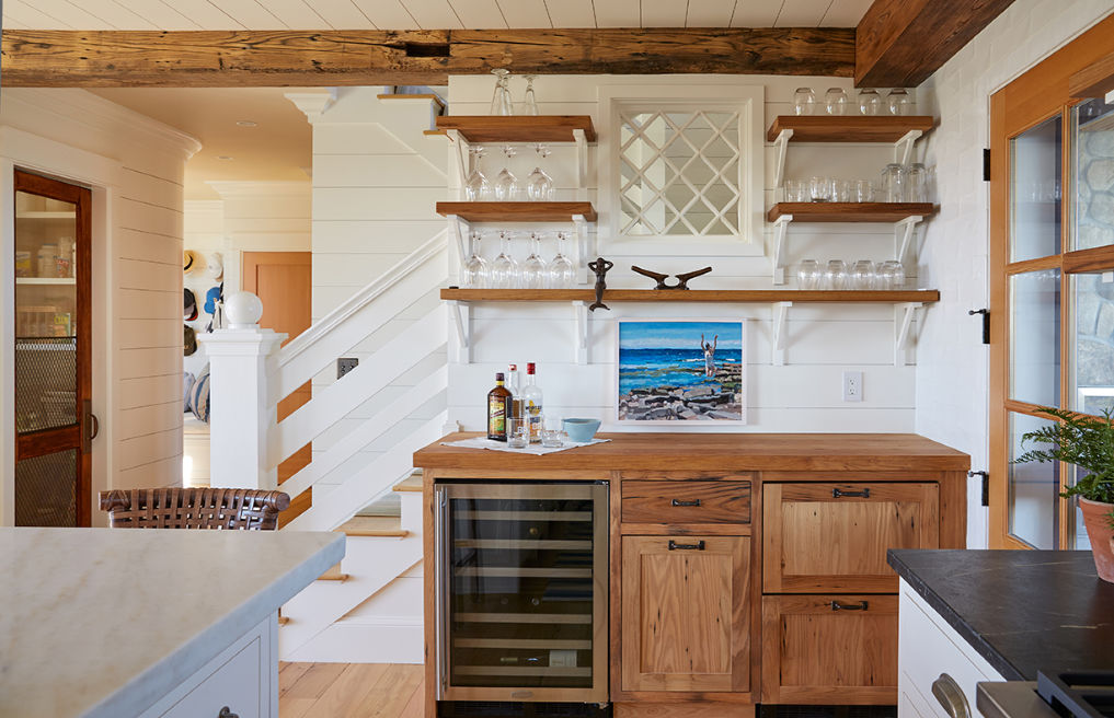 Farmhouse kitchen with shiplap walls, open shelves and rustic wood beams kellyelko.com #kitchen #kitchendecor #kitchendesign #farmhouse #farmhousestyle #farmhousekitchen #interiordecor #interiordesign 