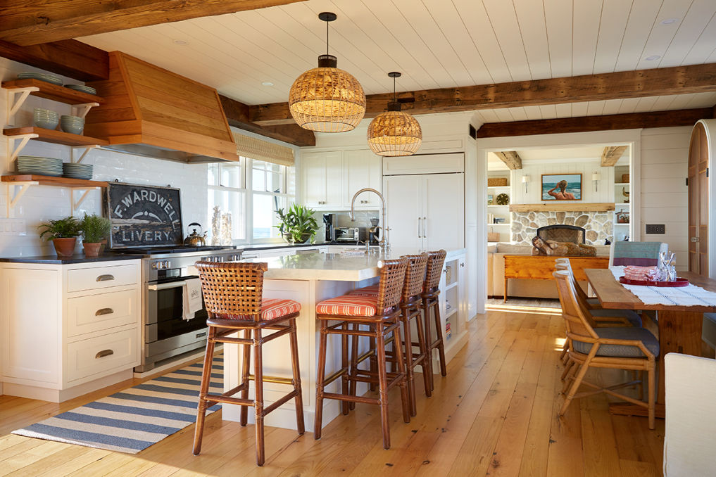 Eclectic Home Tour Nicola's Home - love this coastal home with farmhouse touches like ceiling beams and open kitchen shelves kellyelko.com #kitchen #kitchendesign #kitchendecor #farmhousestyle #farmhousekitchen