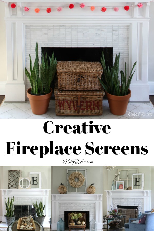 Creative Fireplace Screen Ideas kellyelko.com #fireplace #mantels #homedecor #manteldecor #fireplacedecor #interiordecor #farmhouedecor #decoratingideas #fireplaces 