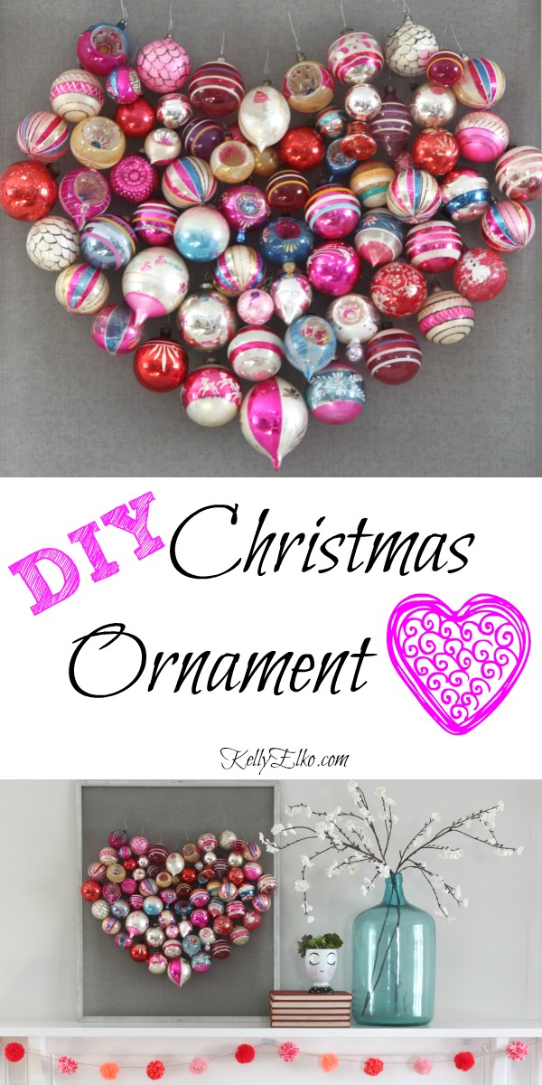 How to make a DIY Christmas Ornament Heart Screen kellyelko.com #valentinesday #valentinesdecor #valentine #valentinecraft #heart #valentinewreath #diycrafts #diydecor #valentinemantel #christmasornaments #shinybrites