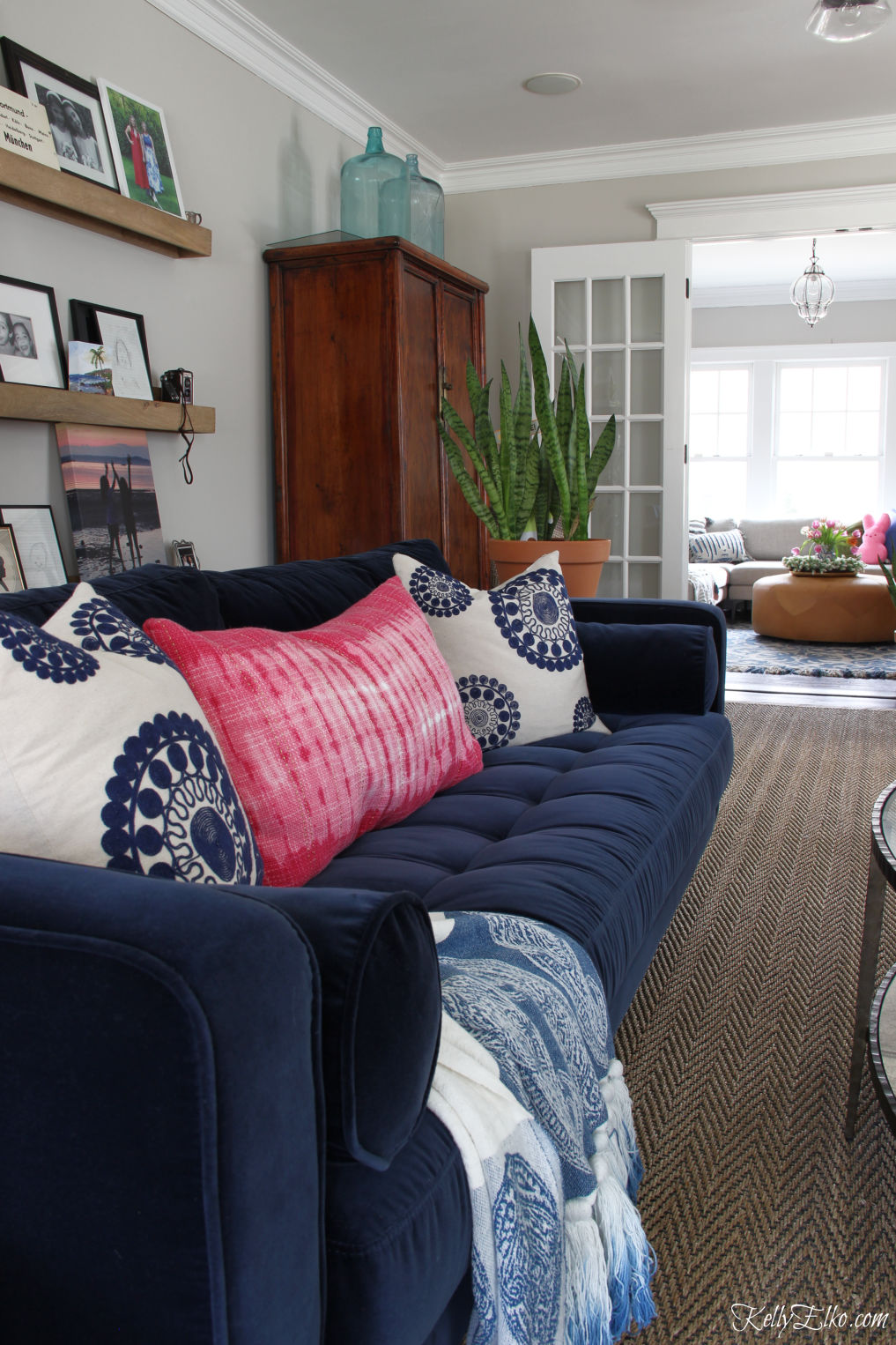 Love this blue velvet sofa kellyelko.com #sofa #article #ourarticle #sven #svensofa #bohodecor #eclecticdecor #midcenturydecor #midcenturyfurniture #livingroom #livingroomfurniture 