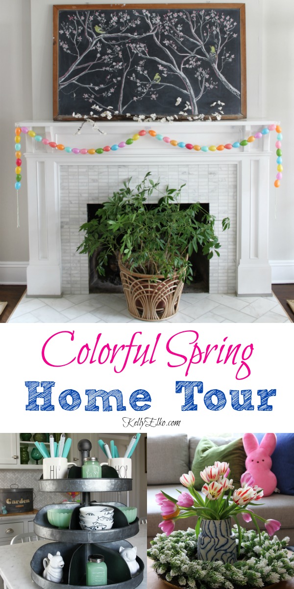 Colorful spring home tour - love the DIY egg garland, original chalk art and other creative touches kellyelko.com #spring #springdecor #springdecorating #springmantel #chalkart #chalkboard #vintagedecor #vintagemantel #manteldecor #springcrafts #diyideas #eastercrafts #easterdecor #kellyelko