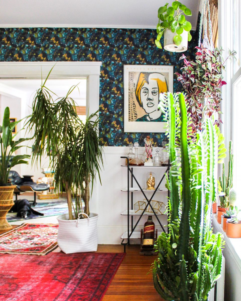 Boho home tour filled with lots of plants and vintage thrift store finds and the perfect mix of color and pattern kellyelko.com #bohodecor #vintagedecor #plantlady #barcart #vintagemodern #wallpaper 