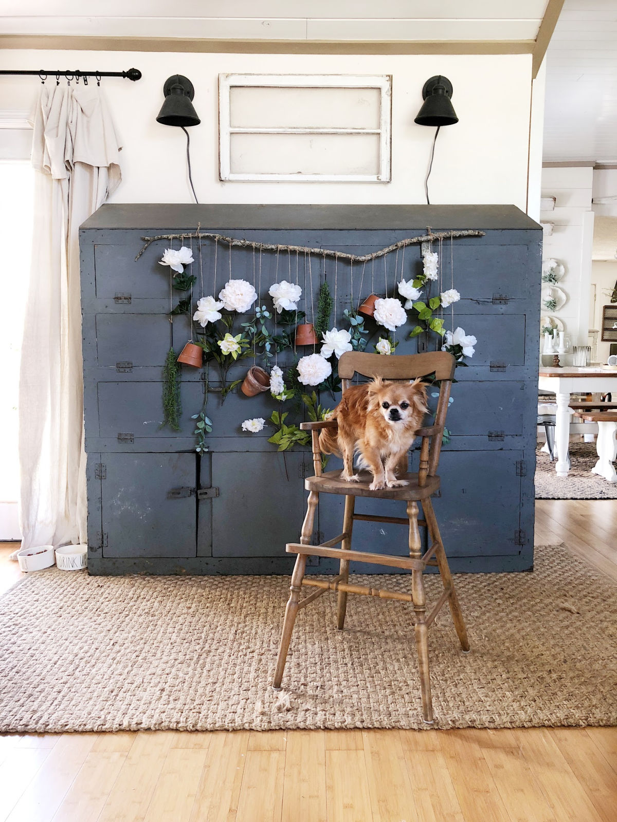 Love this antique blue cabinet in this old farmhouse kellyelko.com #vintagedecor #farmhousedecor #farmhousestyle #wallhanging #diycrafts 