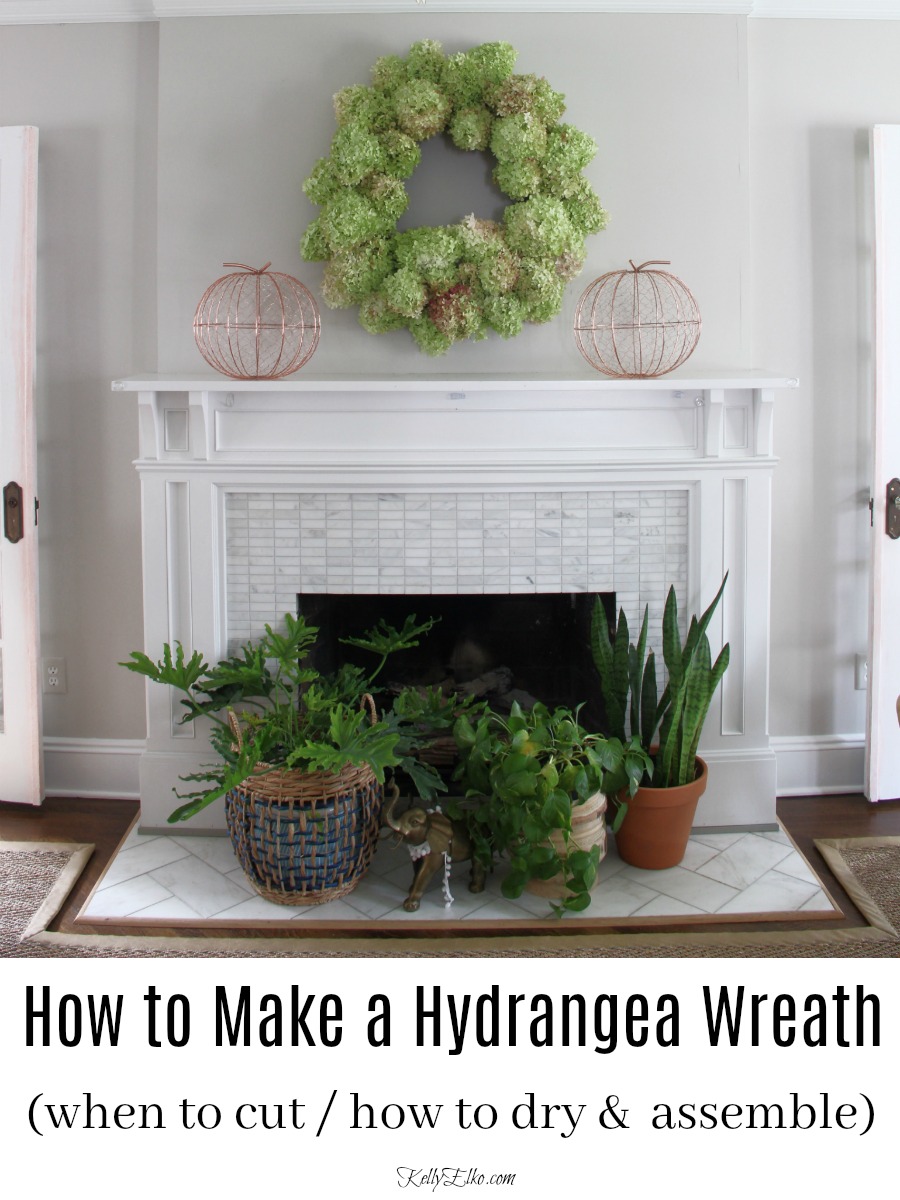 How to make a hydrangea wreath kellyelko.com #hydrangeas #hydrangeawreath #hydrangeacrafts #diywreath #wreath #diycrafts #craftideas #farmhousedecor #fallmantel #manteldecor #plantlady #houseplants #kellyelko #pumpkins Best Home Decor Blogs 2019