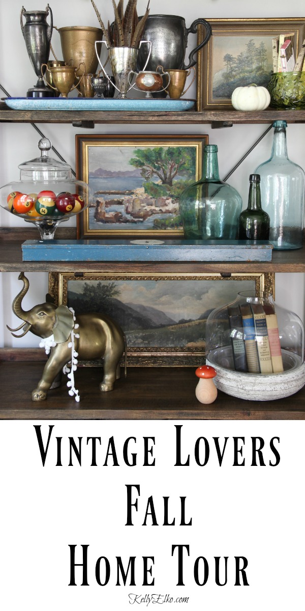 Vintage lovers fall home tour - love the neutral pumpkins on the stairs with colorful mini gourds kellyelko.com #vintagedecor #vintage #fall #falldecor #falldecorating #neutralfall #neutralfalldecor #neutraldecor #autumndecor #autumndecorating #fallhometour 