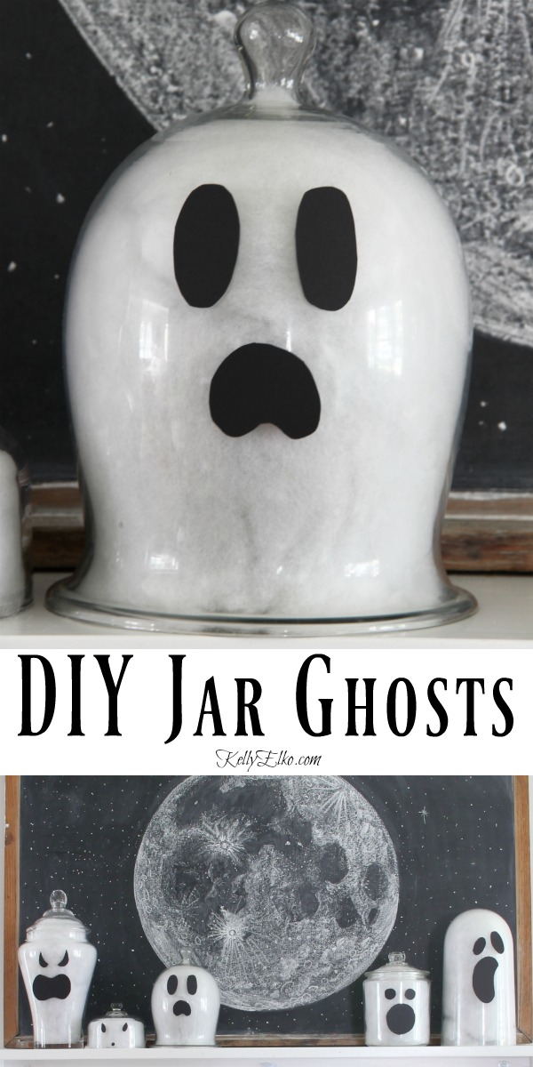 DIY Jar Ghosts - what a fun Halloween craft kellyelko.com #halloween #halloweencrafts #halloweendecor #halloweendecorations #diyhalloween #diyhalloweendecorations #ghosts 