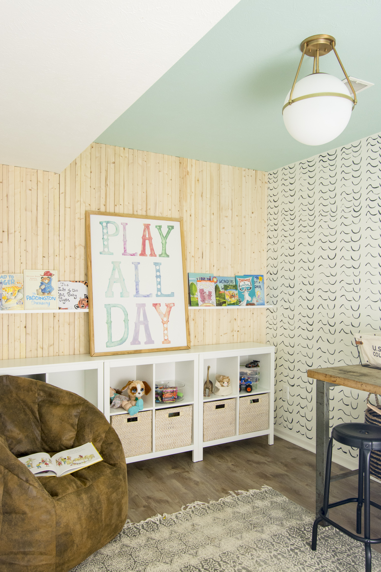 Love this cute playroom with blue ceiling kellyelko.com #playroom #kidsrooms #kidsdecor 