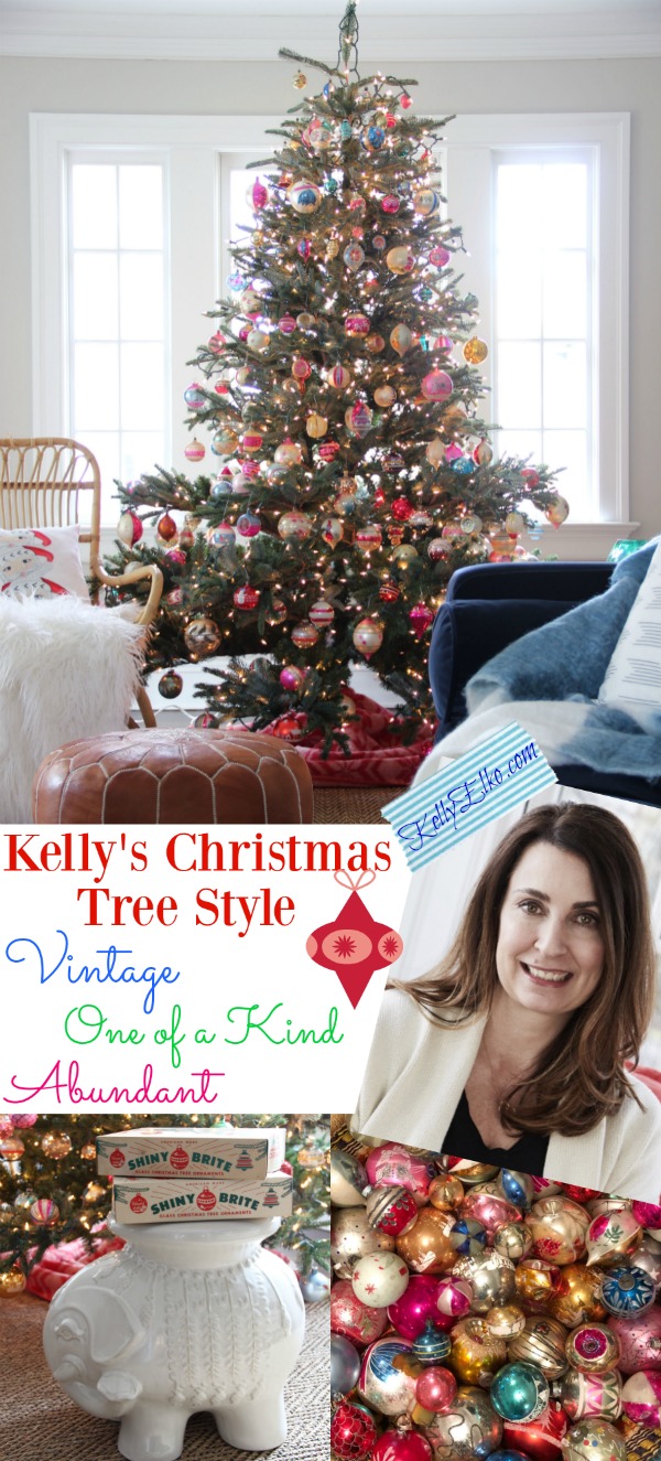See how Kelly styles a Christmas tree with an abundance of vintage Shiny Brite ornaments kellyelko.com #christmas #christmastree #christmasornaments #vintagechristmas #christmasdecor #colorfulchristmas #kellyelko