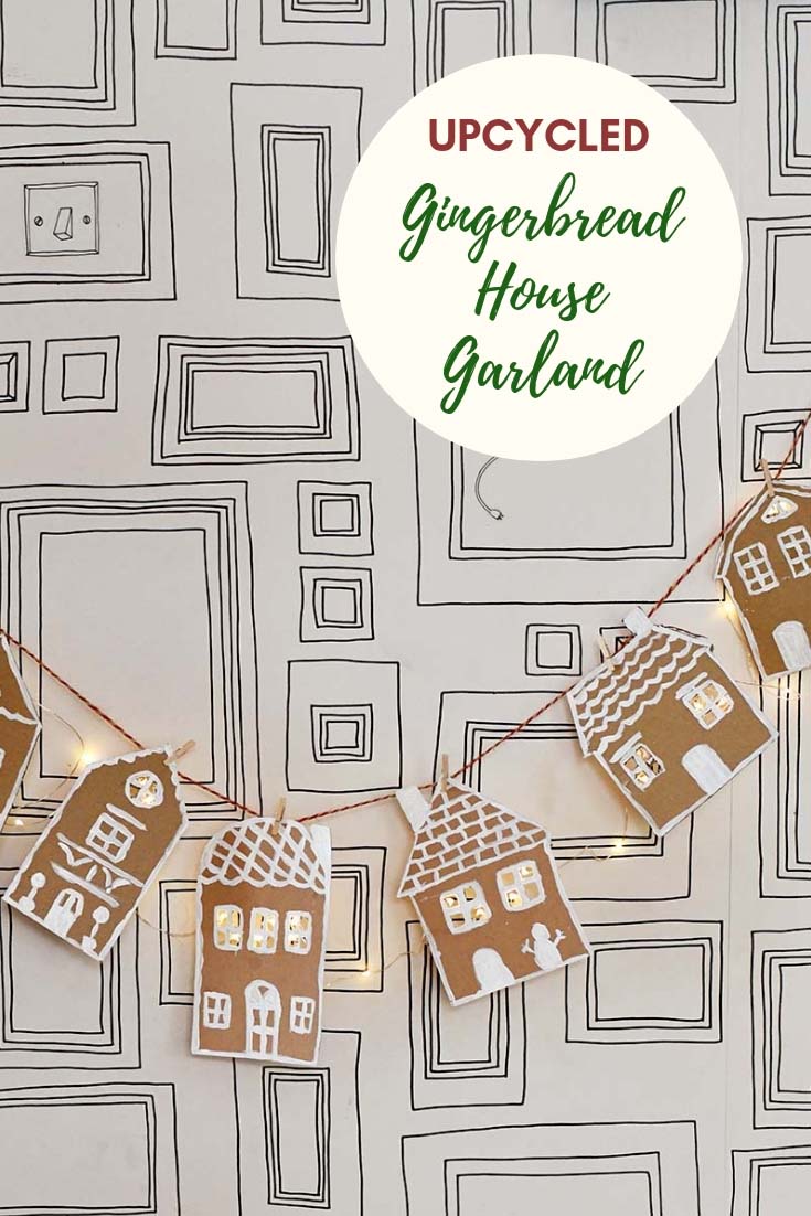 How cute is this DIY cardboard gingerbread house garland for Christmas kellyelko.com #garland #christmasgarland #christmascrafts #kidscrafts #crafty #gingerbreadhouse #diychristmas #christmasdecor 