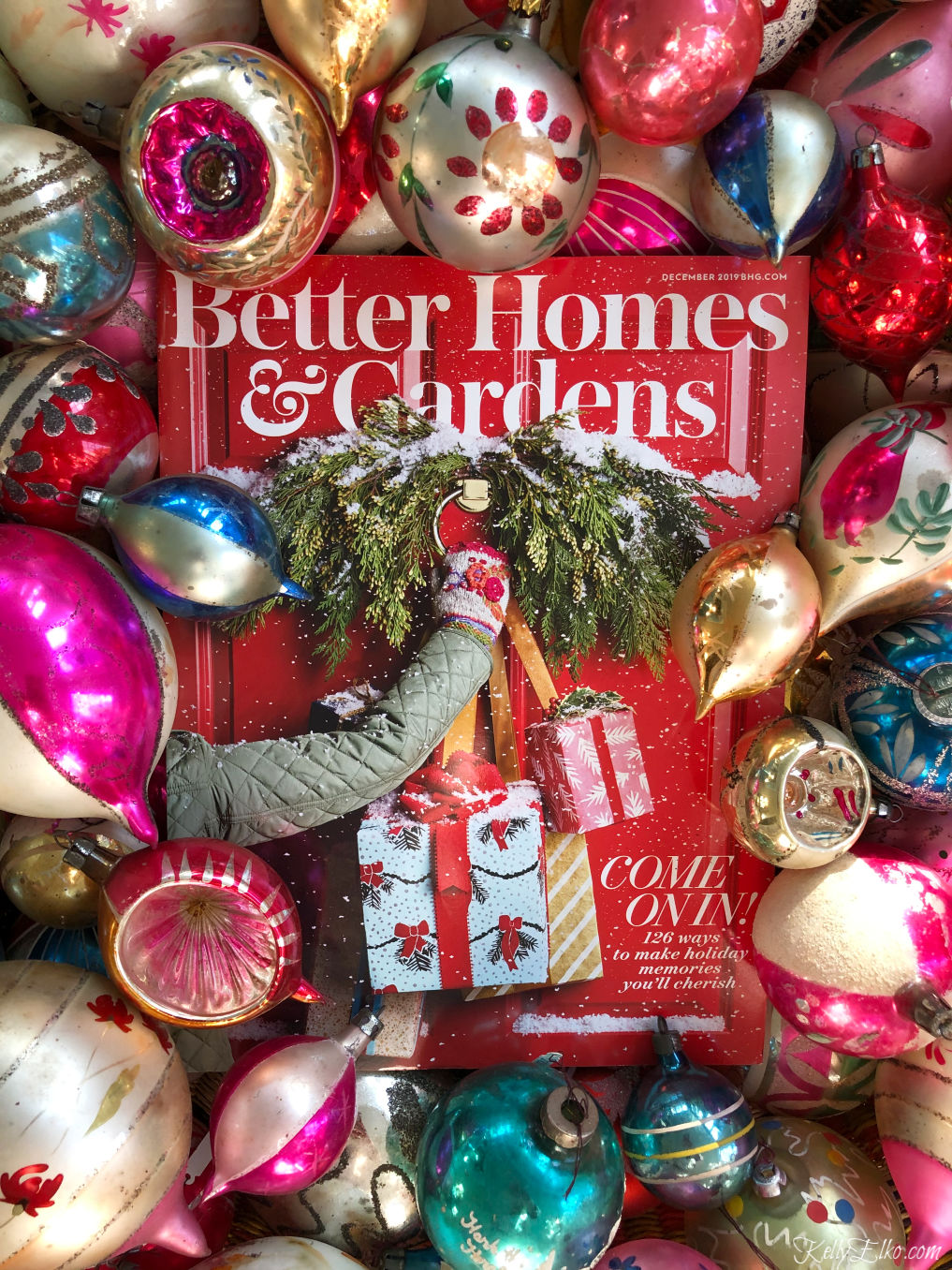 Better Homes & Gardens Christmas issue kellyelko.com #christmas #christmasdecorating #christmasdecor #shinybrites #vintageornaments #christmasornaments #bhgchristmas #kellyelko