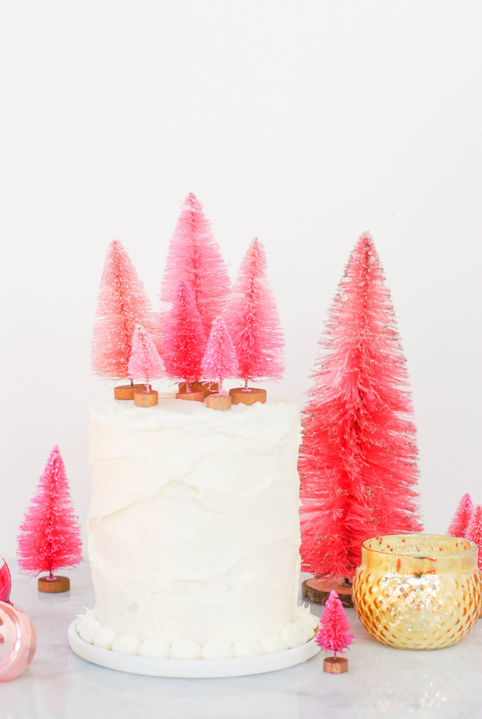 Bottle Brush Tree Ideas - love this cake topped with a forest of pink bottle brush trees #cake #bake #recipes #christmasdessert #dessert #bottlebrushtrees #christmasparty