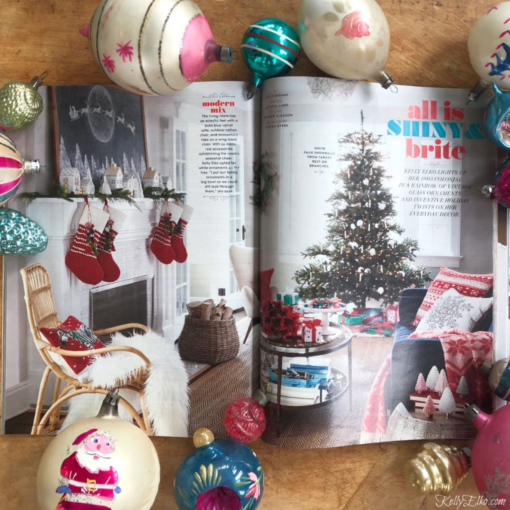 Better Homes & Gardens featuring the beautiful home of Kelly Elko kellyelko.com #bhgchristmas #christmasdecor #christmasdecorating #christmasmantel #vintagechristmas #vintageornaments 