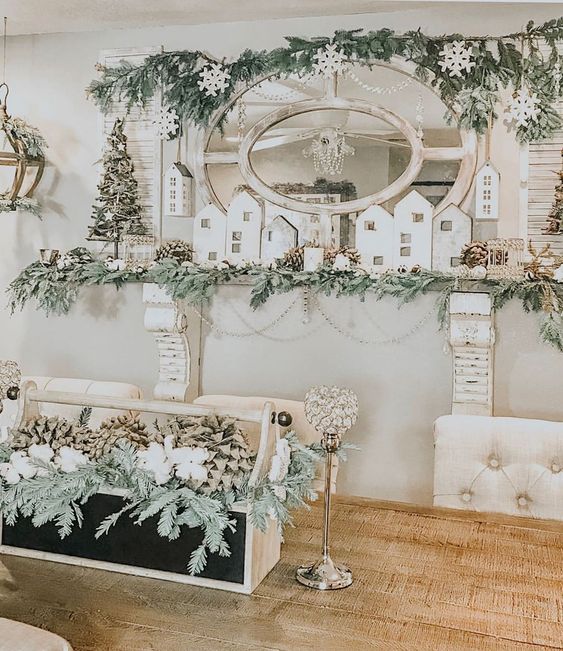 Love this Christmas village mantel kellyelko.com #christmasdecor #christmasmantel #farmhousechristmas #christmasdecorating #kellyelko