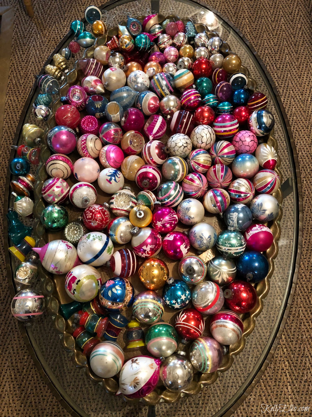 Just some of her amazing collection of vintage Shiny Brite ornaments kellyelko.com #shinybrite #shinybrites #vintageornaments #vintagechristmas #christmasornaments #oldfashionedchristmas #retrochristmas #farmhousechristmas #colorfulchristmas