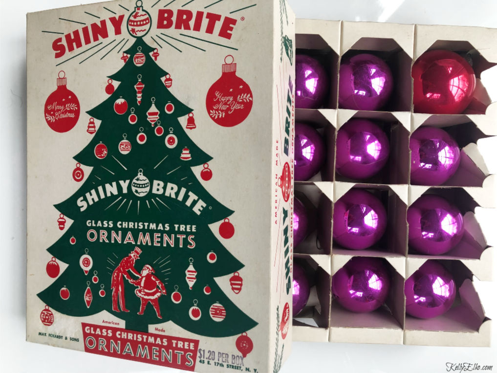 Thrifting Diaries - love the original Shiny Brite box and the purple ornaments kellyelko.com #shinybrites #vintagechristmas #thrifting #vintageornaments #vintage 
