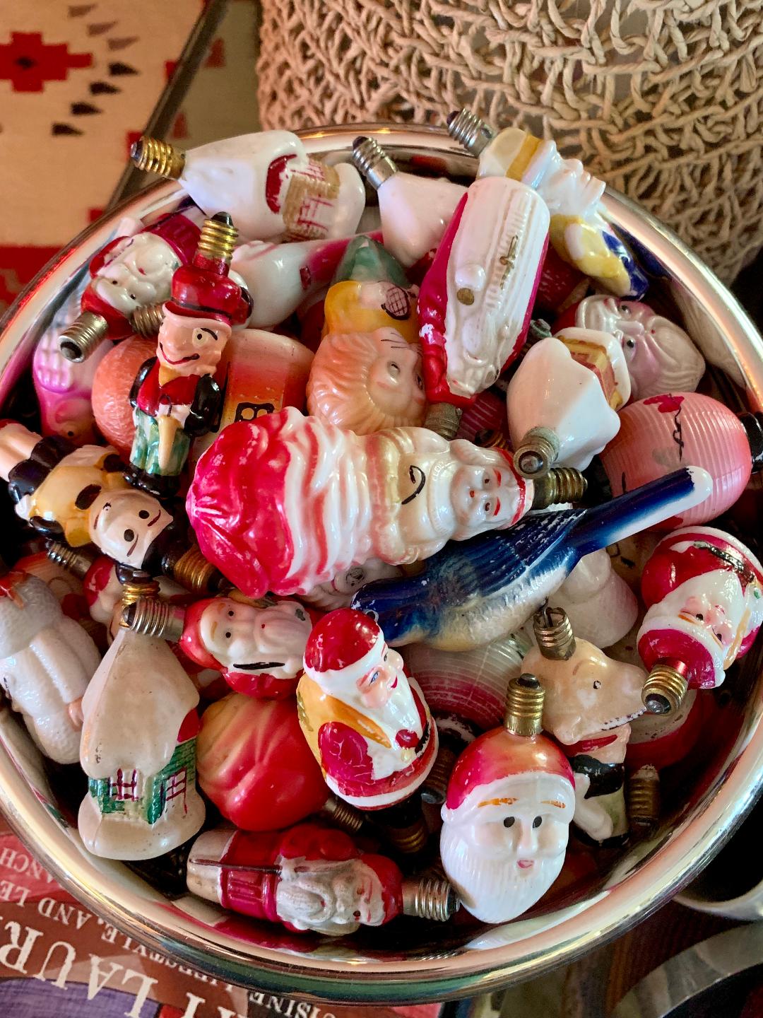 Fun collection of vintage figural bulbs for Christmas #vintage #vintagecollections #vintagechristmas #vintagecollectibles #collections #collectibles #collector #christmaslights #milkglass #christmasdisplay 