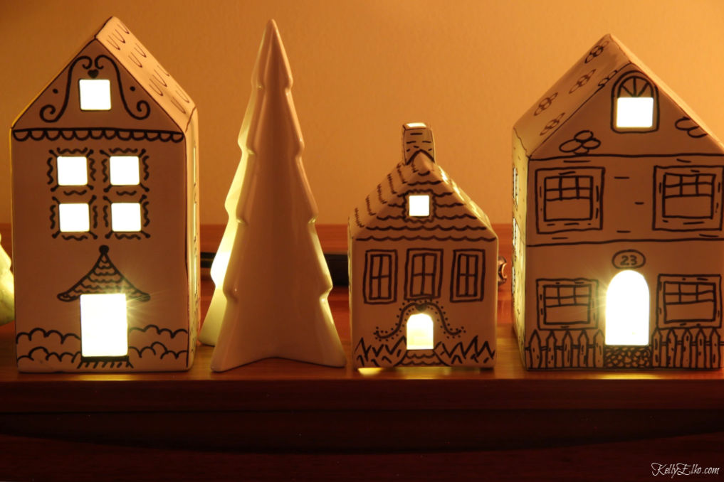 DIY doodle houses for Christmas kellyelko.com #christmasdecor #christmascrafts #kidschristmas #diychristmas #crafts #ceramichouses #christmasideas #doodle #farmhousechristmas #kellyelko