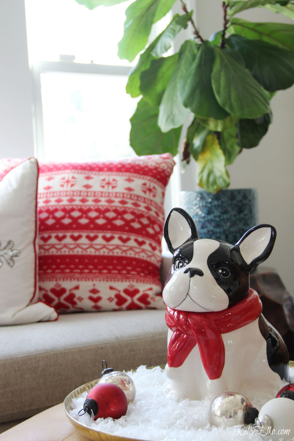 How adorable is this little Boston Terrier cookie jar on a bed of snow for Christmas kellyelko.com #christmas #christmasdecor #christmasdecorating #christmashome #christmastour #diychristmas #christmasideas #christmasmantel #christmastree #christmasornaments #vintagechristmas #farmhousechristmas #colorfulchristmas #creativechristmas #kellyelko #bostonterrier #frenchbulldog #diychristmas 