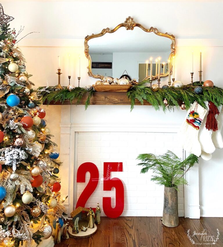 Vintage Sign Christmas Mantel with cedar garland #christmas #christmasmantel #vintagechristmas #christmasdecor #christmasdecorating #christmasstocking #farmhousechristmas 