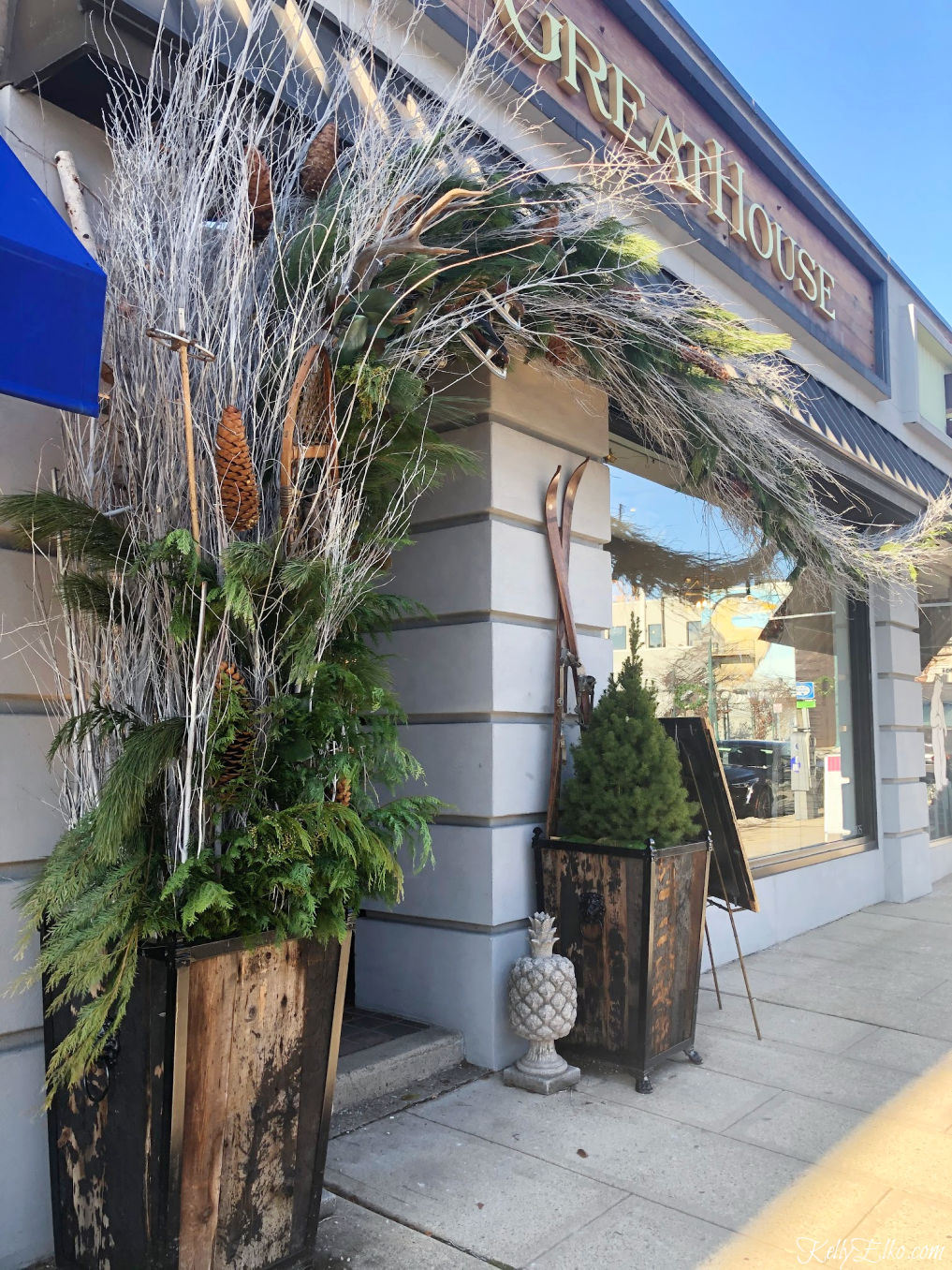 Wow this Christmas planter is incredible with branches stretching all the way across the storefront! kellyelko.com #planters #christmasplanter #christmasdisplays #christmasporch #planterideas #winterplanters #diychristmas #christmasdecor #kellyelko