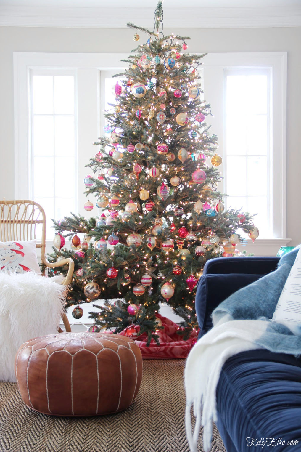 Beautiful Christmas home tour with a tree covered in hundreds of vintage ornaments! kellyelko.com #christmas #christmasdecor #christmasdecorating #christmashome #christmastour #diychristmas #christmasideas #christmasmantel #christmastree #christmasornaments #vintagechristmas #farmhousechristmas #colorfulchristmas #creativechristmas #kellyelko #shinybrites #vintageornaments 