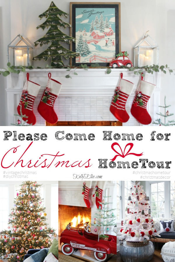 Come Home for Christmas Home Tour - love her whimsical mix of old and new kellyelko.com #christmas #christmasdecor #christmasmantel #christmastrees #vintagechristmas #vintagedecor #christmasstockings #christmashometour #kellyelko #colorfulchristmas 