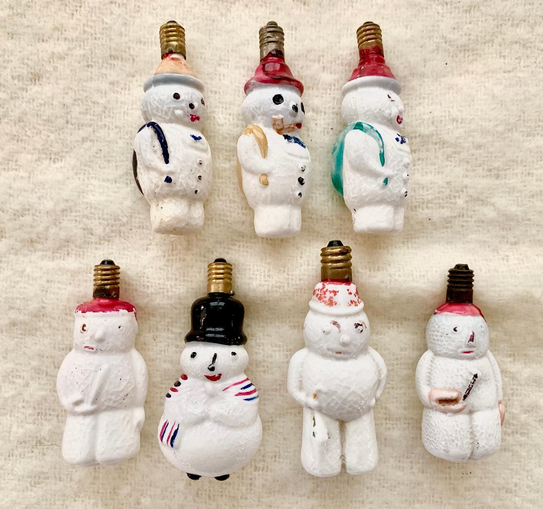 What a fun collection of vintage milk glass figural bulbs #vintage #vintagecollections #vintagechristmas #vintagecollectibles #collections #collectibles #collector #christmaslights #milkglass #snowman #christmaslights 